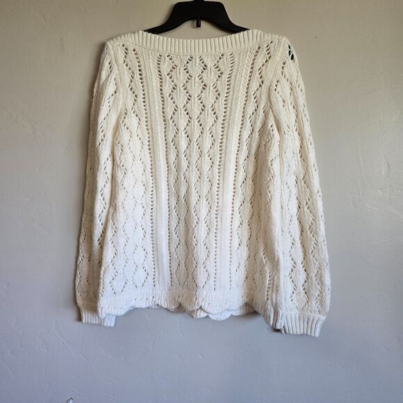 LOFT Whisper White Pointelle Knit Scallop Hem Sweater Size M - Picture 8 of 9
